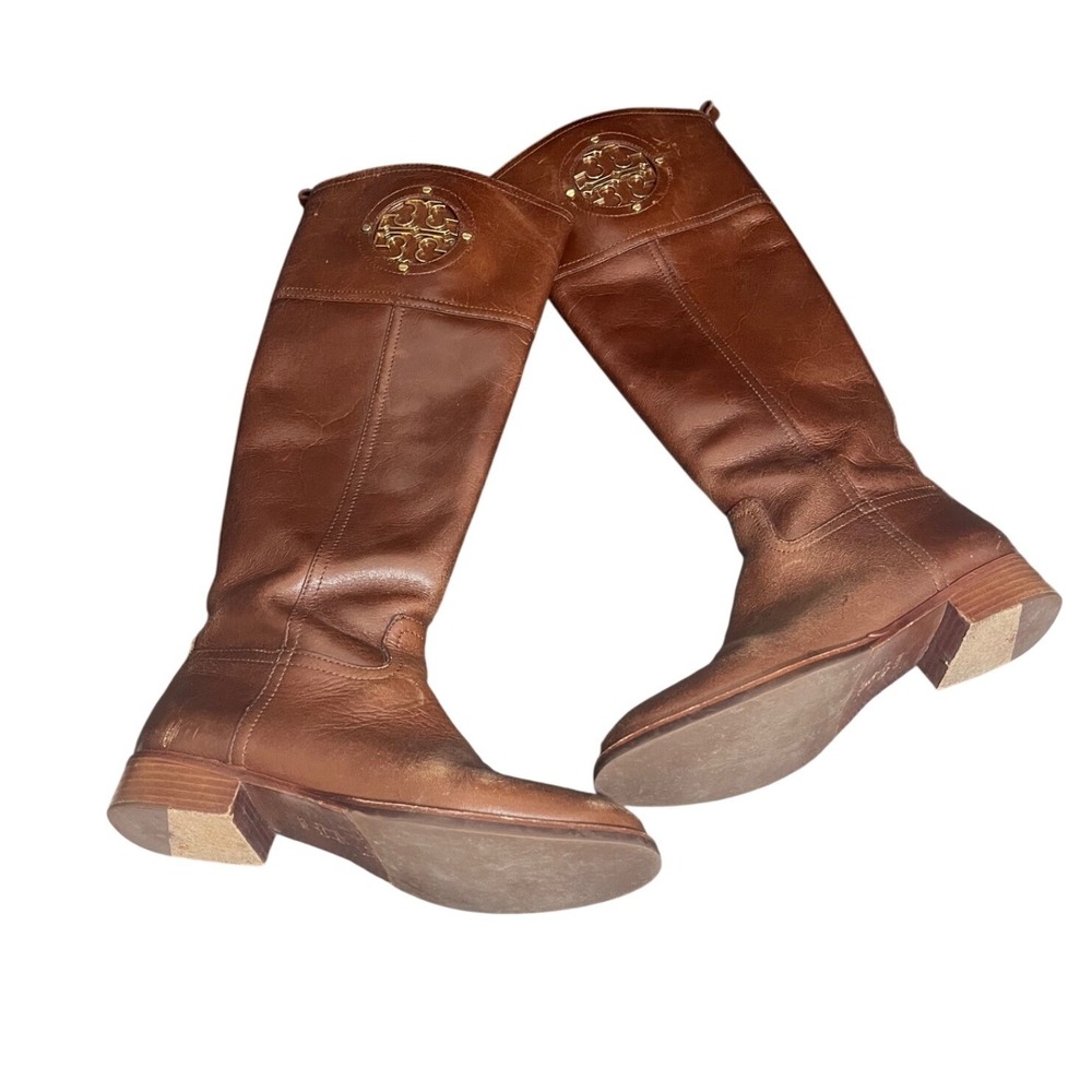 TORY BURCH "KIERNAN" BROWN TUMBLED LEATHER LOGO RIDING BOOTS SIZE: 5.5 ORIG $475